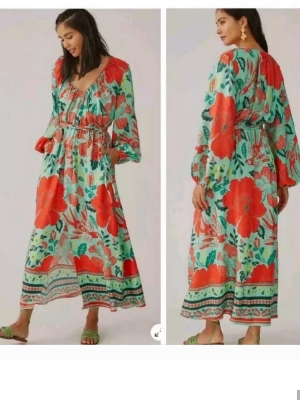 Farm x Anthropologie Poppy Print Maxi Dress Belted Green Red Dress Women's XXS